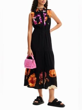 Desigual M. Christian Lacroix Sleeveless Floral Print Long Dress Black